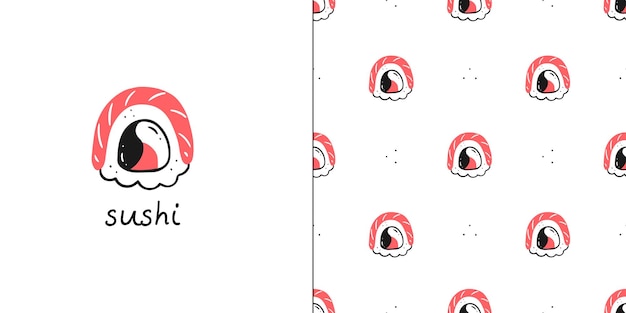 Seamless pattern with sushi rolls and a card with sushi text Vector Asian cuisine illustration
