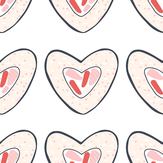 Seamless pattern with sushi rolls in the shape of a heart. Hand-drawn background with seafood.