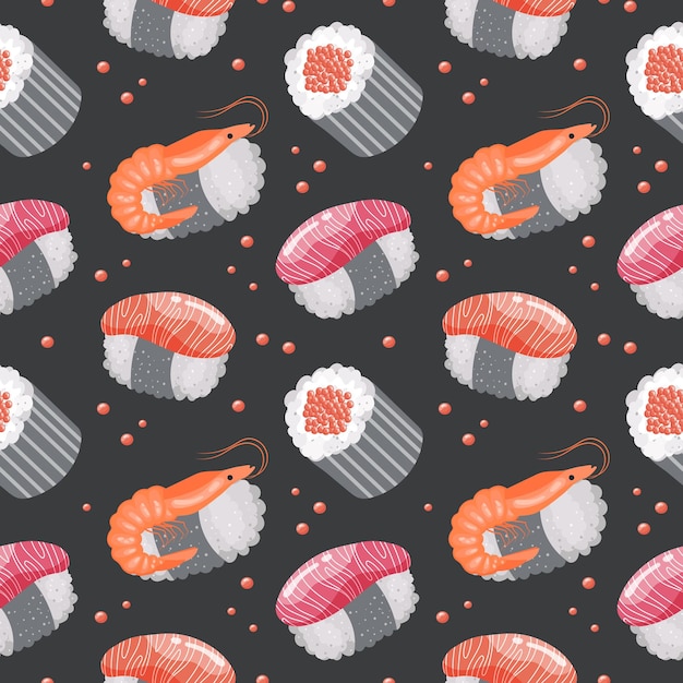 Seamless pattern with sushi and shrimps on a dark background Colorful food background restaurant