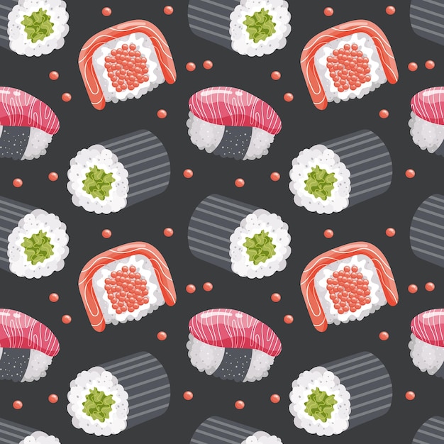 Seamless pattern with sushi and shrimps on a dark background Colorful food background