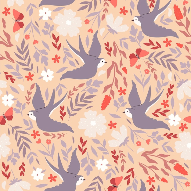 Seamless pattern with swallows and flowers. Vector graphics.
