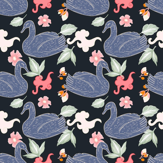 Vector seamless pattern with swanflowers and clouds kimono background in traditionalasian style