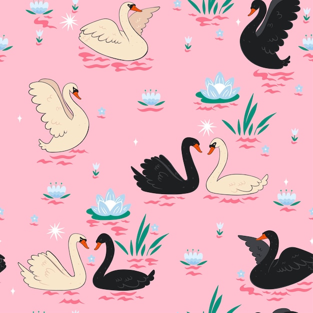 Seamless pattern with swans on the pond.