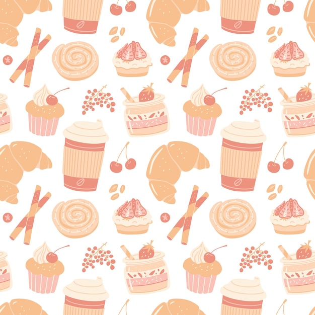 Seamless pattern with sweet desserts vector coffee design