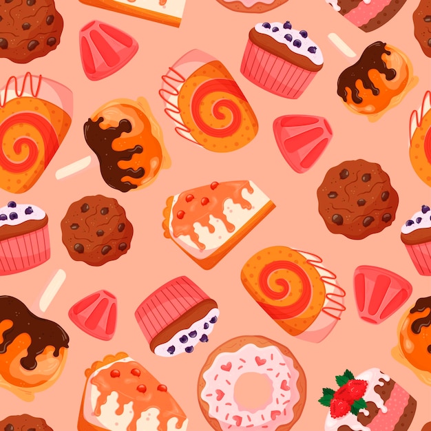 カップケーキ チョコレート クッキー ロールマフィンとお菓子やデザートの桃色の背景とのシームレスなパターン