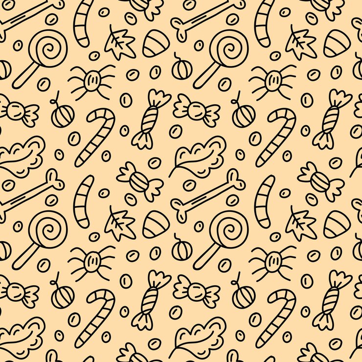 वेक्टर seamless pattern with sweets pumpkins autumn leaves bones and spiders