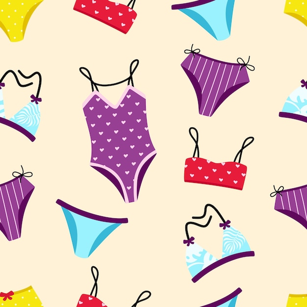 Seamless pattern with swimwear and bikinis on a beige background for printing on fabric paper
