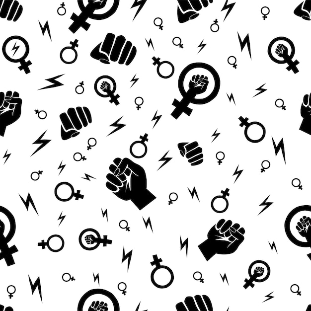 Seamless pattern with symbols of fiminism in the form of clenched fists rings of venus and lightnin