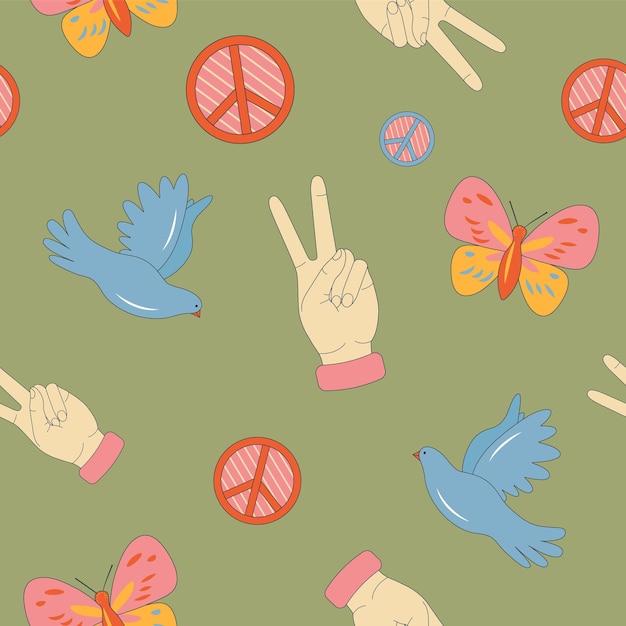 Vector seamless pattern with a symbols of peace vintage print with gesture of freedom butterflies dove