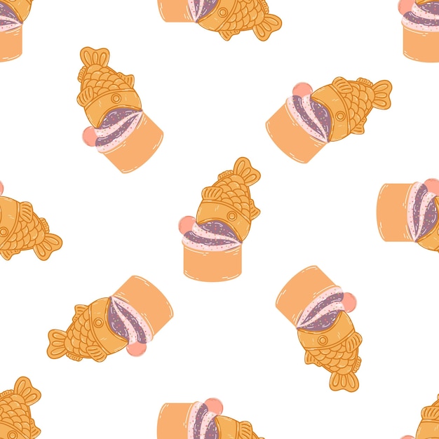 Seamless pattern with taiyaki fishshaped ice cream cone in cartoon flat style Hand drawn vector background with traditional Japanese food sweet dessert