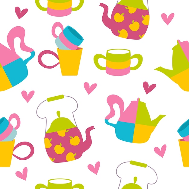 Seamless pattern with teapot cup and heart on white background