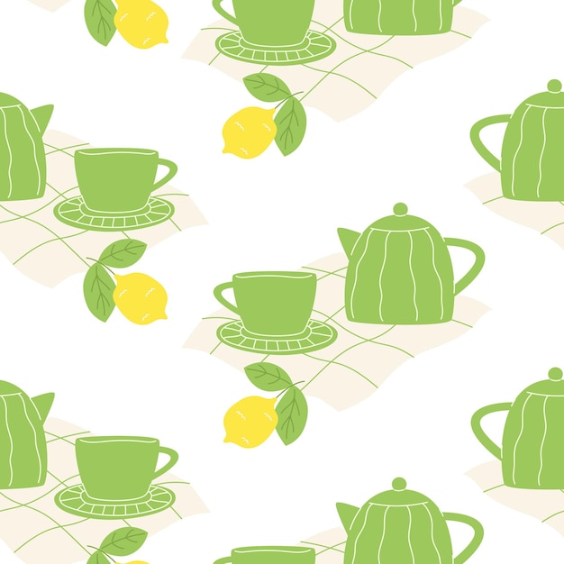 ベクトル ティーポットカップと熱いお茶とレモンのシームレスなパターン