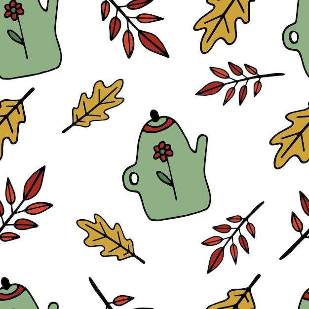 Seamless pattern with teapot and leaves