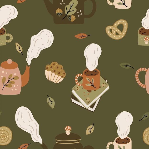 Бесшовный узор с книгами, кружками чайника и осенними листьями для скрапбукинга детского текстиля