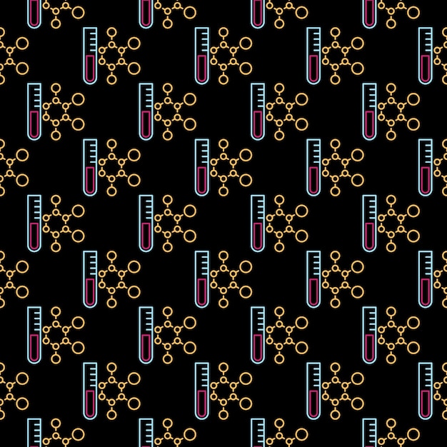 Vector seamless pattern with test tube and chemical formula line icons