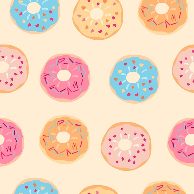 Seamless pattern with testy colorful donuts on light yellow background