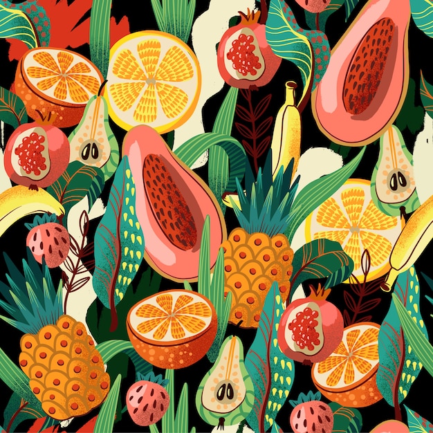 Vector seamless pattern with textured abstract exotic fruits.