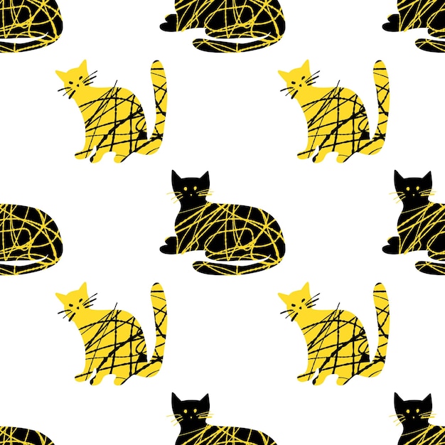 ベクトル 白い背景にテクスチャーのかわいい猫のイラストの黒と黄色の色とのシームレスなパターン