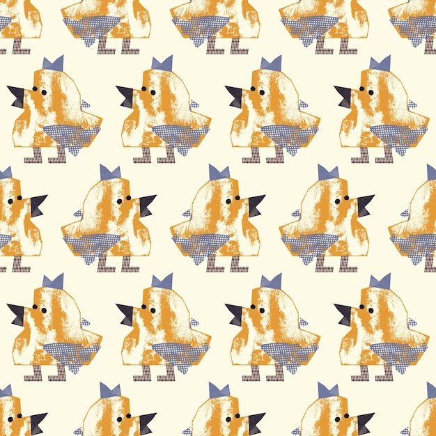 Vector seamless pattern with textured little chickens stamp technique vector birds background print design