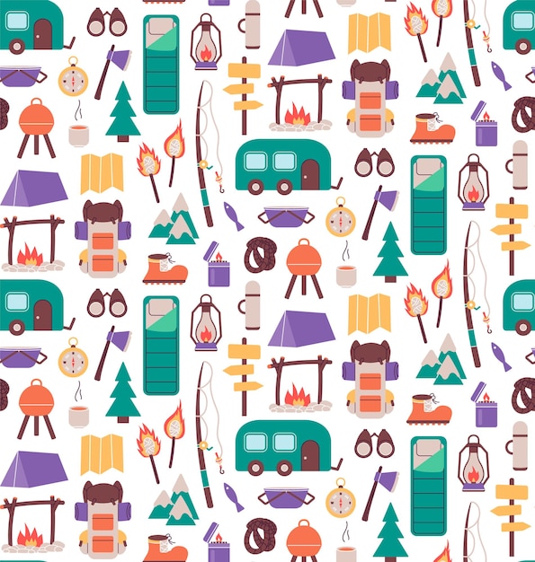 Vector seamless pattern with things for traveling to the mountains fishing and summer camping hike with backpacks rest in the forest print object stuff design wallpaper background vector illustration