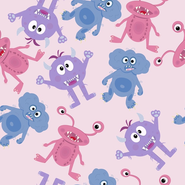 분홍색 배경에 세 가지 다른 괴물과 함께 완벽 한 패턴