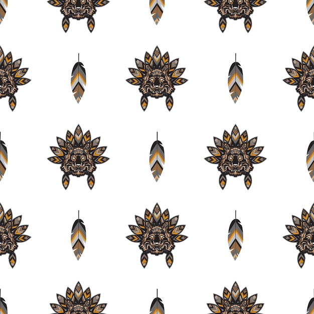 Seamless pattern with tiger head in feathers Vector illustration