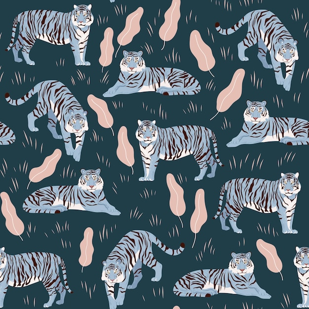 Seamless pattern with tigers. Stylish illustration. Chinese blue aquatic new year symbol.