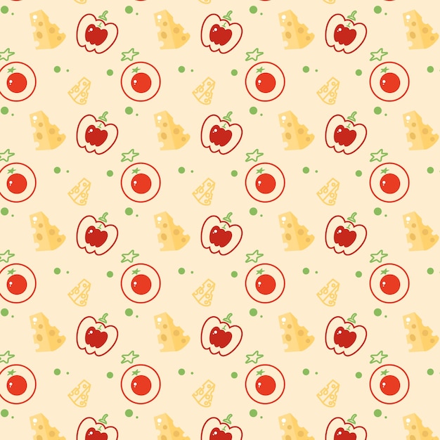 Seamless pattern with tomato bell pepper and hard cheese breakfast wallpaper on a beige background outline color vector illustration