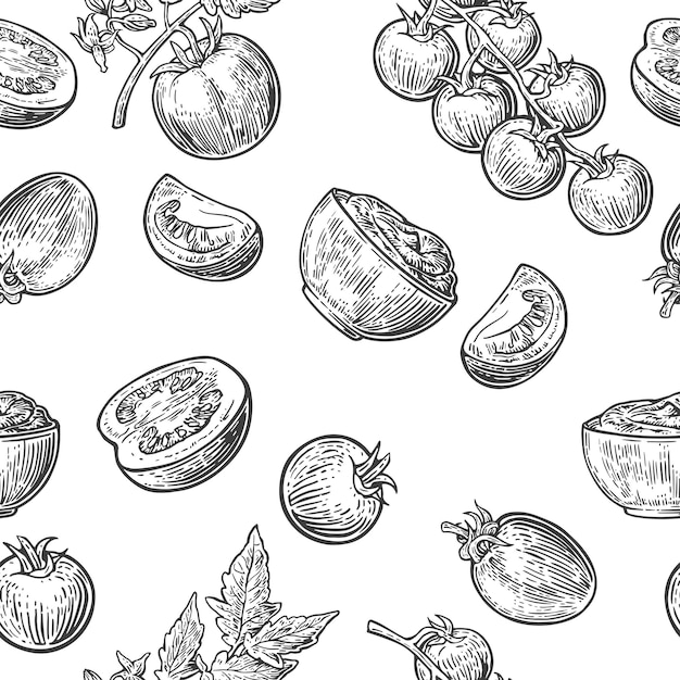 Seamless pattern with Tomato half and slice