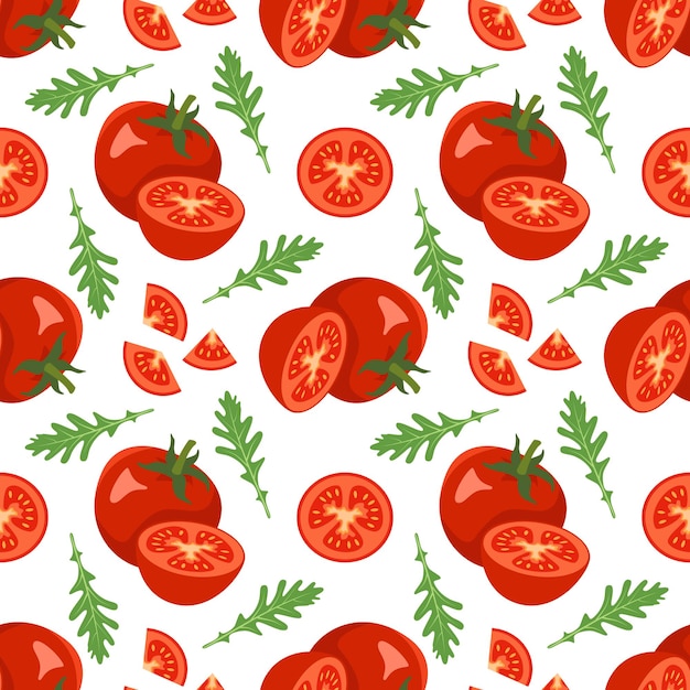 Seamless pattern with tomatoes and arugula leaves healthy vegan food print red vegetable on white ba...