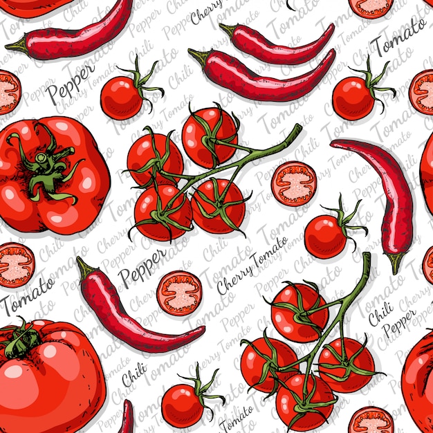 Seamless pattern with tomatoes and chili pepper