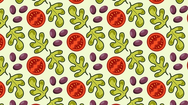 Seamless pattern with tomatoes olives and lettuce