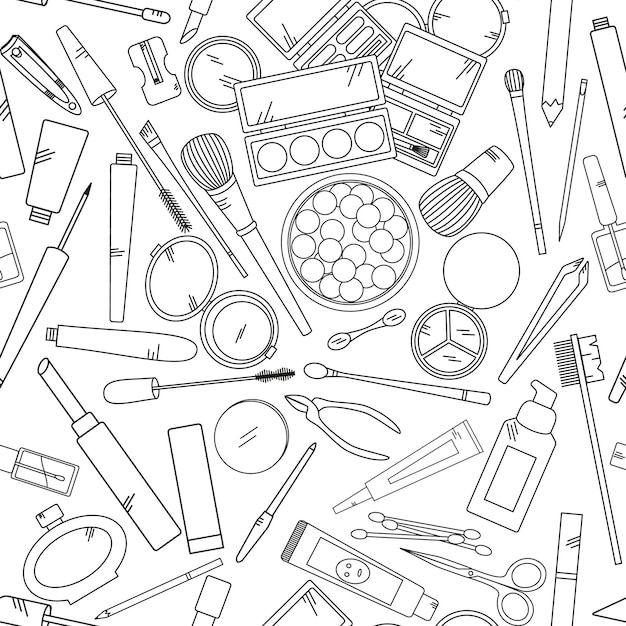 Vector seamless pattern with tools for makeup in black and white colors vector collection for beauty design