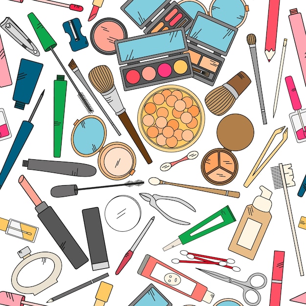 Seamless pattern with tools for makeup in bright colors Vector collection for beauty design