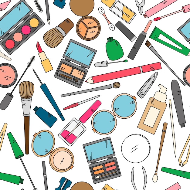 Vector seamless pattern with tools for makeup in bright colors vector collection for beauty design