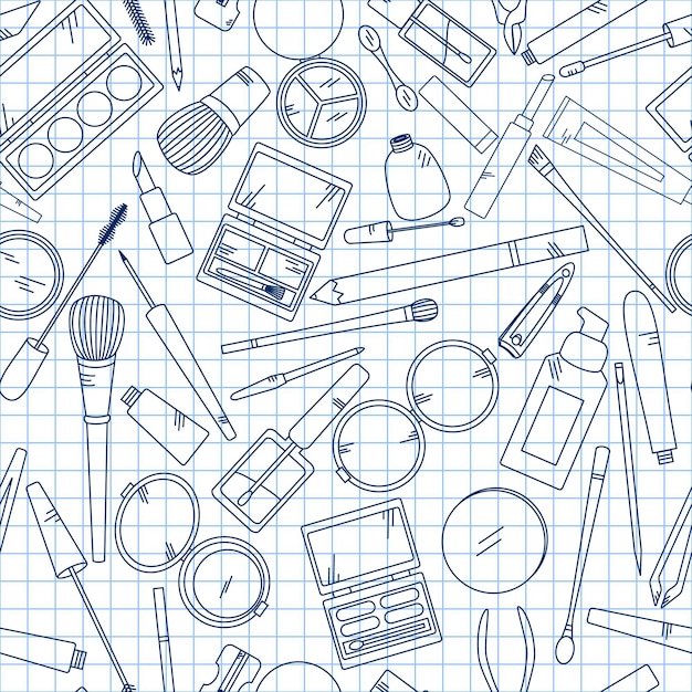 Modello senza cuciture con strumenti per il trucco sul notebook collezione vettoriale per il design di bellezza