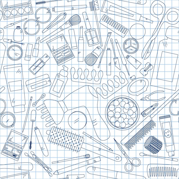 Vector seamless pattern with tools for makeup on notebook vector collection for beauty design