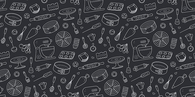 Seamless pattern with tools for making cakes, cookies and pastries. Doodle confectionery tools dough mixer, baking pan and pastry bag. Vector illustration hand drawn in chalk on blackboard background