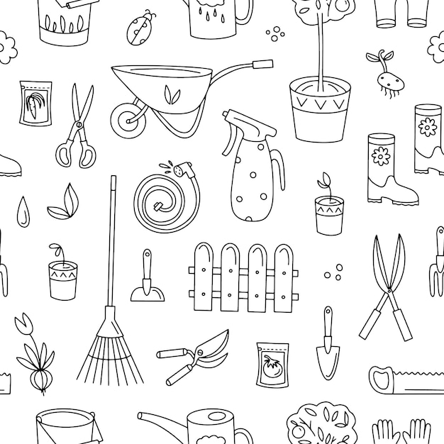 Motivo senza cuciture con strumenti per piantare e prendersi cura delle piante set di vettori isolati in stile doodle