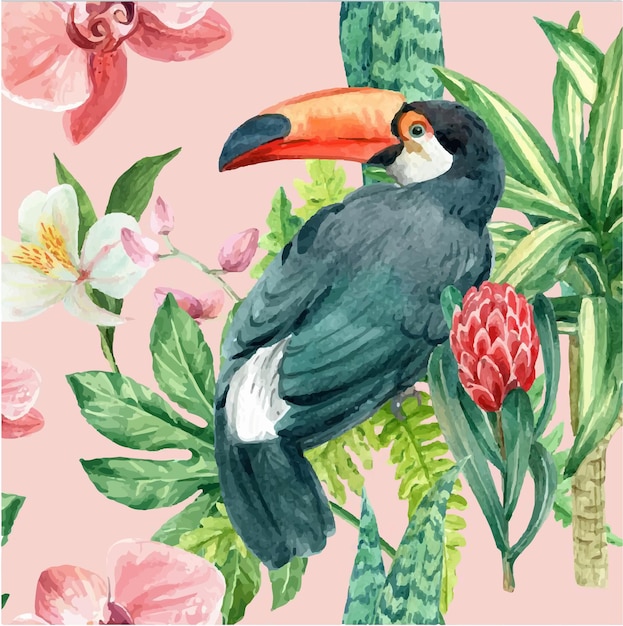 Disegno senza cuciture con tucani e fiori tropicali illustrazione ad acquerello