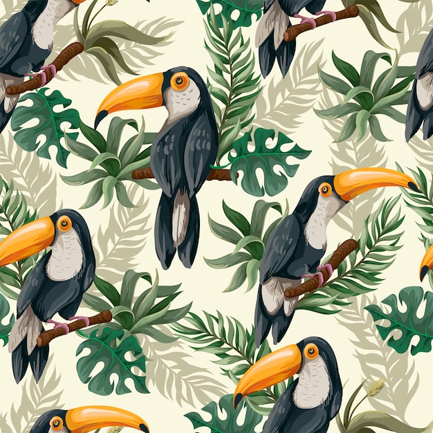 Seamless pattern with toucans in jungle. 