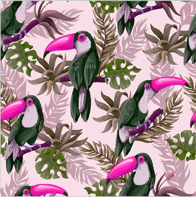 Seamless pattern with toucans and tropical leaves Vector illustration