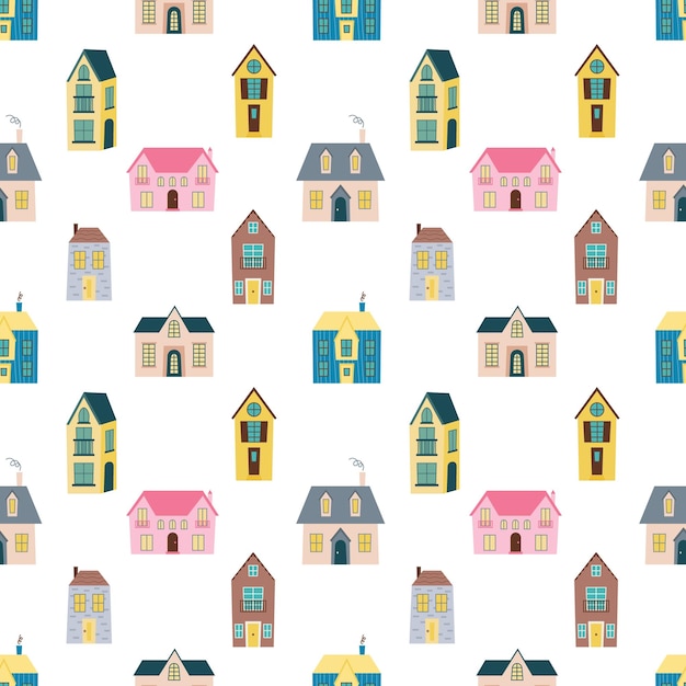 seamless pattern with town houses on white background