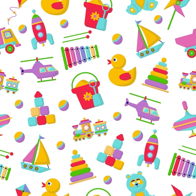 Vector seamless pattern with toys for children. illustration of a set of different toys on a white background.