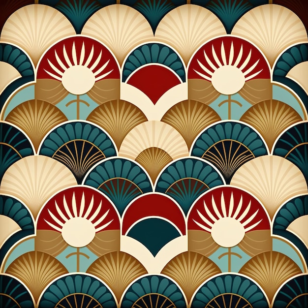 Seamless pattern with a traditional Chinese fan and sea waves.