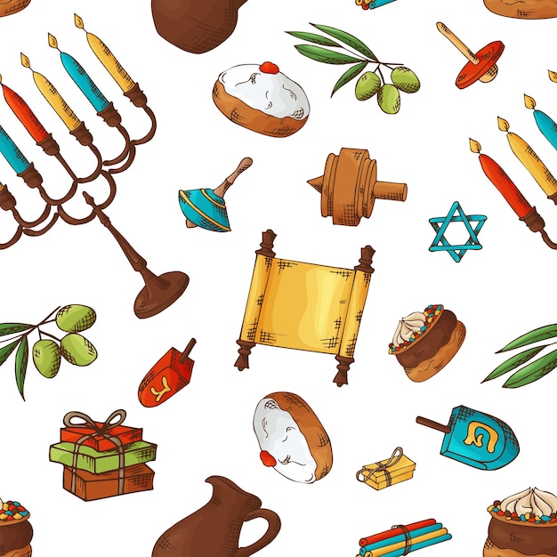 Vettore motivo senza cuciture con elementi disegnati a mano tradizionali happy hanukkah oggetti di schizzo vector