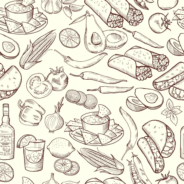 Seamless pattern with traditional mexican food