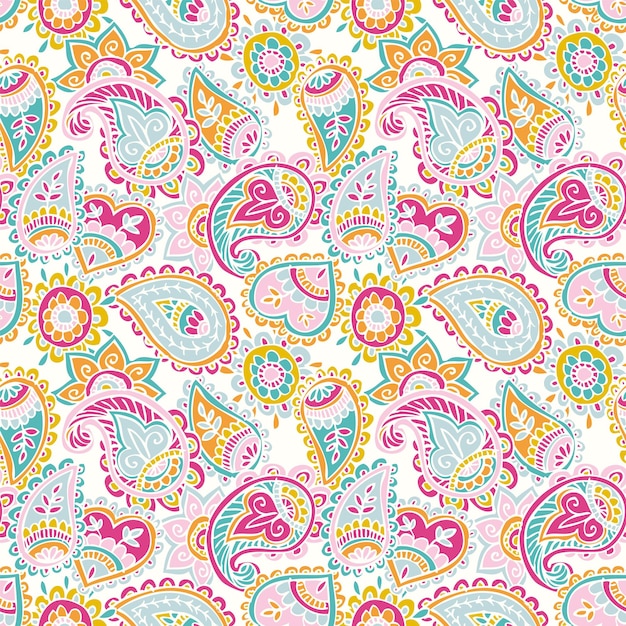 seamless pattern with traditional oriental indian paisley ornament on white background