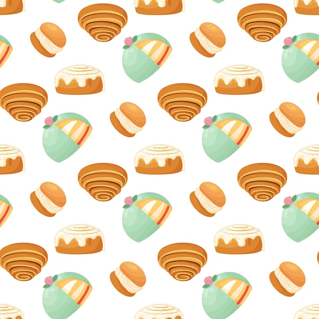 Vector seamless pattern with traditional swedish sweets kanelbulle roll cinnamon bun prinsesstarta