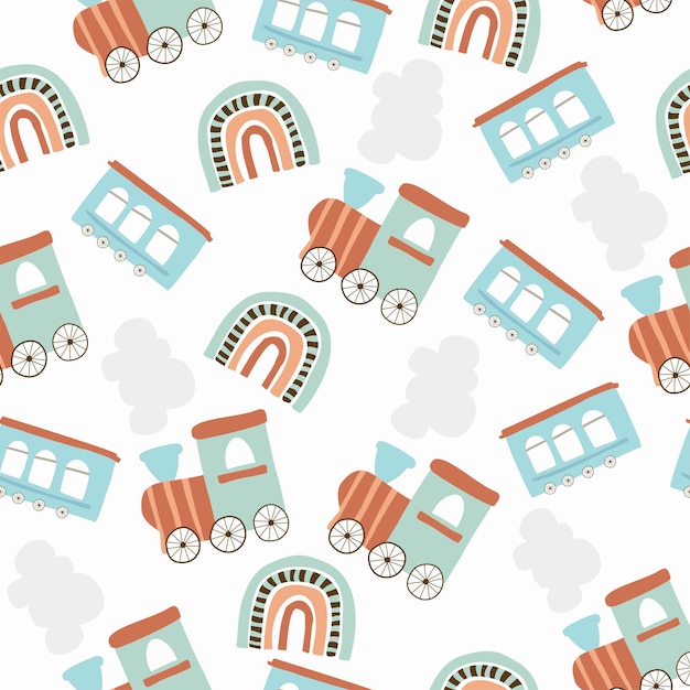 Seamless pattern with a train and a house